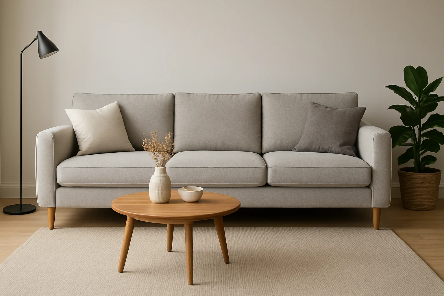 Een moderne woonkamer met een lichtgrijze bank-een perfect voorbeeld als je afvraagt: welke kleur bank is tijdloos? Twee kussens, een ronde houten koffietafel met vaas en schaal, vloerlamp, plant en beige kleed op houten vloer.
