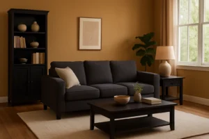 Een gezellige woonkamer met een donkergrijze banka-welke kleur goed combineert met beige kussens, een zwarte salontafel, boekenplank met decor, bijzettafel en lamp, kamerplant, ingelijste kunst en een groot raam met beige gordijnen boven een licht vloerkleed op een houten vloer.