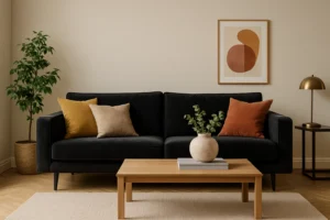 Een moderne woonkamer met een zwarte sofa -welke kleur goed combineert- met mosterd- en roestkleurige kussens, een houten salontafel met een vaas, een plant in pot, een gouden lamp op een bijzettafel en abstracte muurkunst boven de sofa.