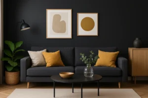 Een moderne woonkamer met een donkere bank, gele en beige kussens, een ronde zwarte salontafel, muurkunst, een potplant en een houten kast tegen een zwarte accentmuur-een perfect voorbeeld van welke kleur goed combineert met zwart.
