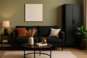 Een gezellige woonkamer met een zwarte bank, roestbruine en beige kussens, een zwart bijzettafeltje met een lamp, een ronde salontafel met een vaas en boeken, en groene muren-perfecte inspiratie als je je afvraagt: welke kleur combineert goed met zwart en groen?.