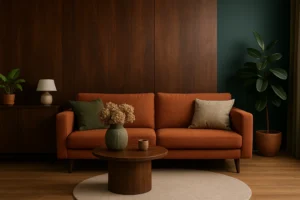 Een gezellige woonkamer met een oranje bank, groene en beige kussens, een houten salontafel met een vaas gedroogde bloemen - perfect voor wie zich afvraagt welke kleur mooi combineert met donker hout en groene accentmuren.