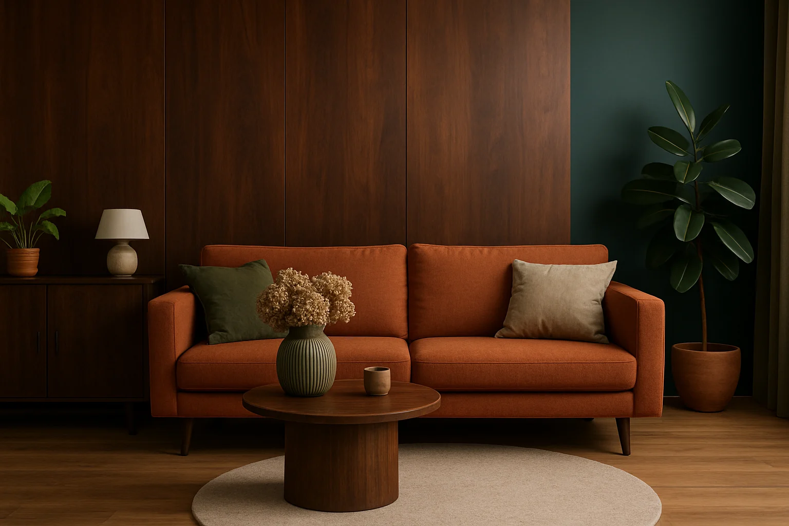 Een gezellige woonkamer met een oranje bank, groene en beige kussens, een houten salontafel met een vaas gedroogde bloemen - perfect voor wie zich afvraagt welke kleur mooi combineert met donker hout en groene accentmuren.