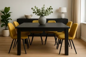 Een moderne eetkamer met een zwarte tafel omringd door zes gele stoelen - als antwoord op de vraag "welke kleur eetkamerstoelen" - een grijze vaas met groen gebladerte als middenstuk en een zwart dressoir met decor tegen een witte muur en een groot raam.