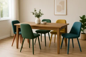 Een minimalistische eetkamer met een houten tafel, vijf kleurrijke stoelen (groen, blauw en geel) voor wie zich afvraagt "welke kleur eettafelstoel" hij moet kiezen, een vaas met groen gebladerte, schalen, een potplant, een houten vloer en abstracte muurkunst.