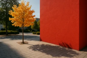 Een kleine boom met felgele bladeren staat naast een grote, levendige rode muur - een tafereel waarvan je je afvraagt: welke kleur is mode? Zonlicht werpt heldere schaduwen op de geplaveide binnenplaats, groene bomen zorgen voor een levendig contrast op de achtergrond.
