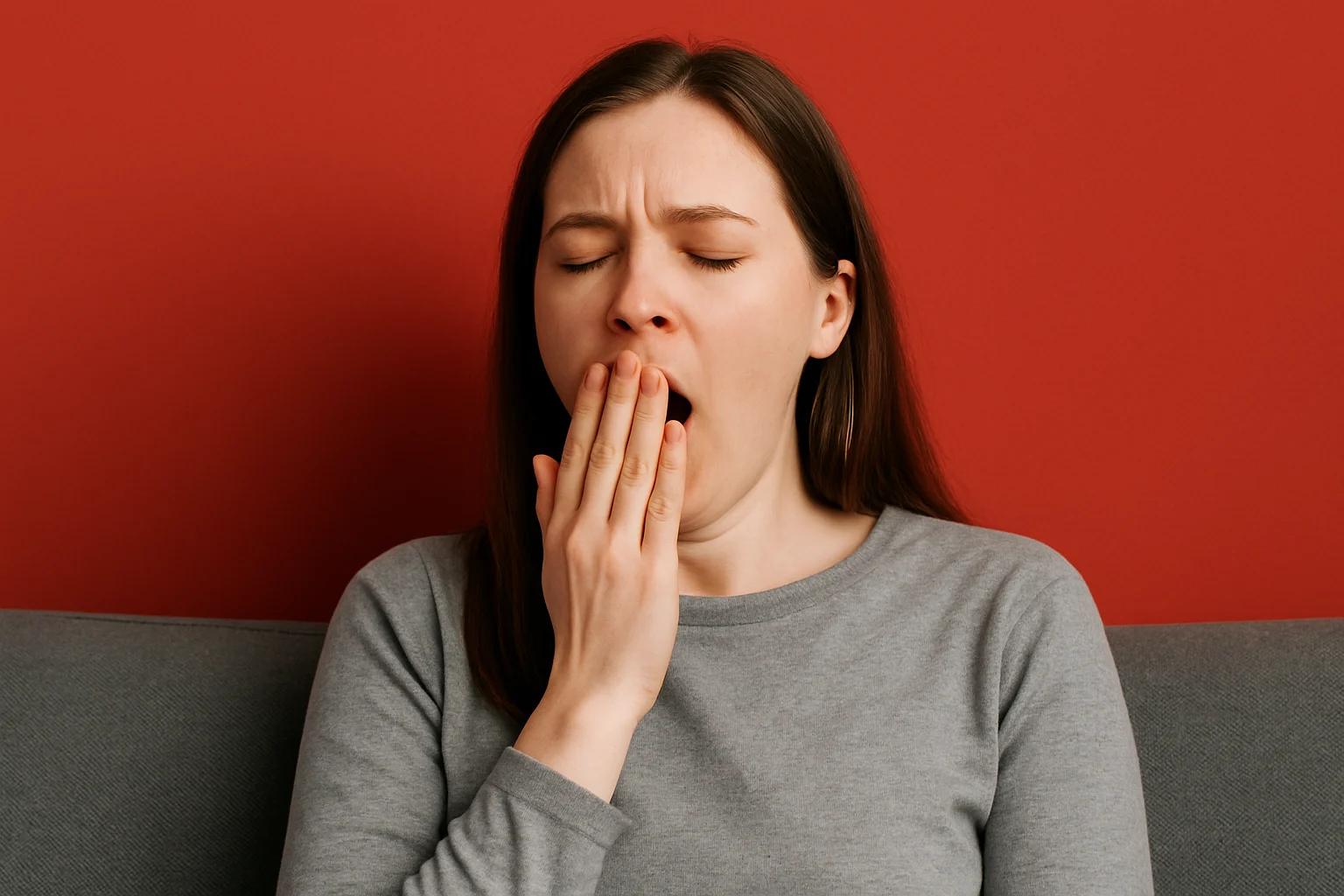 Een vrouw met lang bruin haar, in een grijs topje, zit op een grijze bank voor een rode muur en trekt haar mond toe, alsof ze zich afvraagt: welke kleur maakt je moe?.
