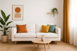 Een moderne woonkamer met een witte bank - welke kleur matcht met wit - bedekt met oranje, gele en groene kussens, een ronde houten salontafel, planten in potten, abstracte muurkunst en mosterdgele gordijnen naast een helder raam.