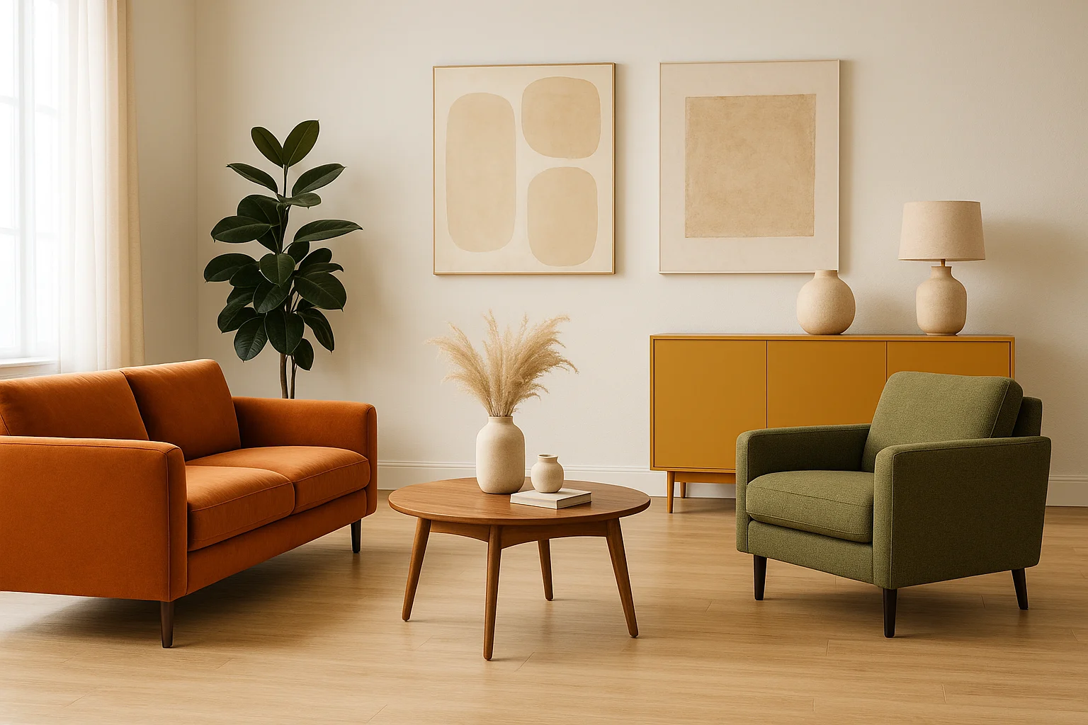 Een moderne woonkamer met een oranje bank, een groene fauteuil, een ronde houten salontafel met een vaas, een mosterdkleurig dressoir - met welke kleur meubels 2025 trends - minimalistische kunst aan de muur, een plant in potten en zacht natuurlijk licht uit een raam.