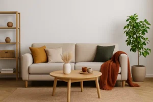 Een gezellige woonkamer met een beige bank versierd met verschillende kussens en een roestkleurige deken - perfect voor wie zich afvraagt welke kleur meubels bij neutrale muren past. Een ronde houten salontafel, een plant in potten en stijlvolle planken maken de look compleet.