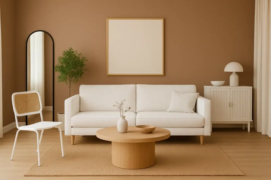 Een moderne, minimalistische woonkamer met een witte bank, ronde houten salontafel, neutrale inrichting, groene plant, witte stoel en een kast. Welke kleur muur past goed bij dit interieur? Natuurlijk licht vult de ruimte en benadrukt het grote lege frame op de bruine muur.