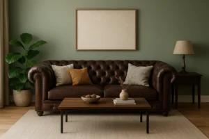 Een gezellige woonkamer met een donkerbruine leren getufte bank, neutrale kussens en een houten salontafel biedt inspiratie voor wie zich afvraagt "Welke kleur past bij donkerbruine meubels?". Een groene muur boven de bank maakt de uitnodigende look compleet.