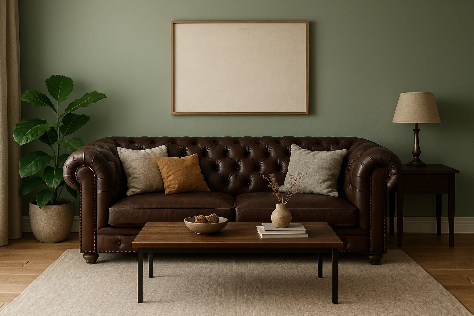 Een gezellige woonkamer met een donkerbruine leren getufte bank, neutrale kussens en een houten salontafel biedt inspiratie voor wie zich afvraagt "Welke kleur past bij donkerbruine meubels?". Een groene muur boven de bank maakt de uitnodigende look compleet.