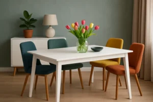 Een moderne eetkamer met een witte tafel -welke kleur past bij een witte tafel- heeft kleurrijke stoelen en een glazen vaas met tulpen. Een dressoir met een lamp en een potplant staat tegen een groene muur, zonlicht filtert door beige gordijnen.