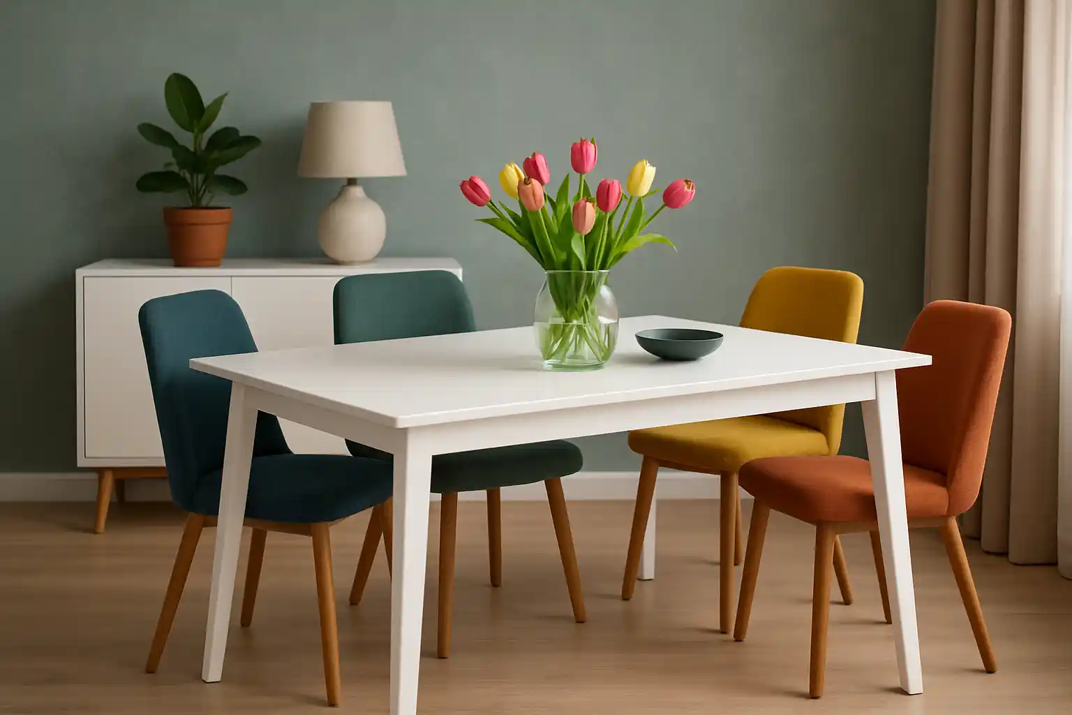 Een moderne eetkamer met een witte tafel -welke kleur past bij een witte tafel- heeft kleurrijke stoelen en een glazen vaas met tulpen. Een dressoir met een lamp en een potplant staat tegen een groene muur, zonlicht filtert door beige gordijnen.