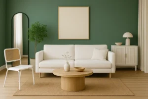 Een moderne woonkamer met een witte bank, ronde houten salontafel, groene muur (welke kleur past bij witte meubels), grote lege ingelijste kunst, potplant, gewelfde spiegel en een wit dressoir met decor op een beige vloerkleed.