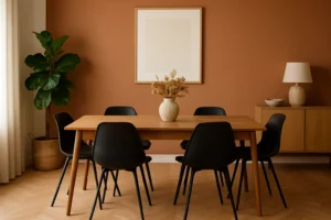 Een moderne eetkamer met een houten tafel, zes zwarte stoelen (welke kleur past bij zwarte stoelen), een vaas met droogbloemen, een potplant, een dressoir met een lamp en grote ingelijste kunstwerken op een warme terracotta muur.