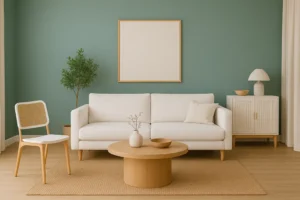 Een minimalistische woonkamer met een witte bank, houten salontafel, rotan stoel en groene muur - perfect om inspiratie op te doen als je je afvraagt welke kleur goed past in een modern interieur met natuurlijke texturen en een neutrale inrichting.