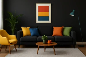 Een moderne woonkamer met een donkere bank - welke kleur past het beste bij zwart? Kleurrijke kussens, een ronde houten salontafel en een gele fauteuil zorgen voor een levendig contrast, terwijl abstracte kunst de donkere muur opfleurt.
