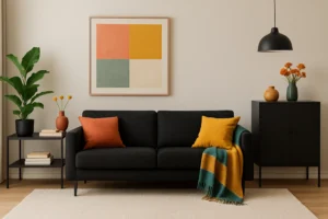 Een moderne woonkamer met een zwarte bank benadrukt welke kleur mooi staat bij zwarte meubels, met oranje en gele kussens, een groen en geel gestreept kleed, een bijzettafel met boeken en planten, oranje bloemen op de kast en abstracte muurkunst.