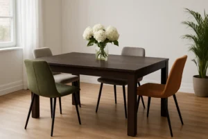 Een donkerhouten eettafel met vier stoelen die niet bij elkaar passen - perfect als je je afvraagt "Welke kleur stoelen bij een donkerbruine tafel?"- plus een glazen vaas met witte bloemen in een lichte kamer met houten vloeren en een potplant in de hoek.