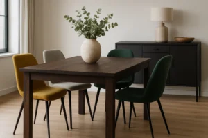 Een moderne eetkamer die antwoord geeft op de vraag "Welke kleur stoelen bij een donkere houten tafel": vier kleurrijke stoelen - geel, beige en twee tinten groen - omringen een donkere houten tafel, geaccentueerd door groen in een witte vaas en een strak zwart dressoir.