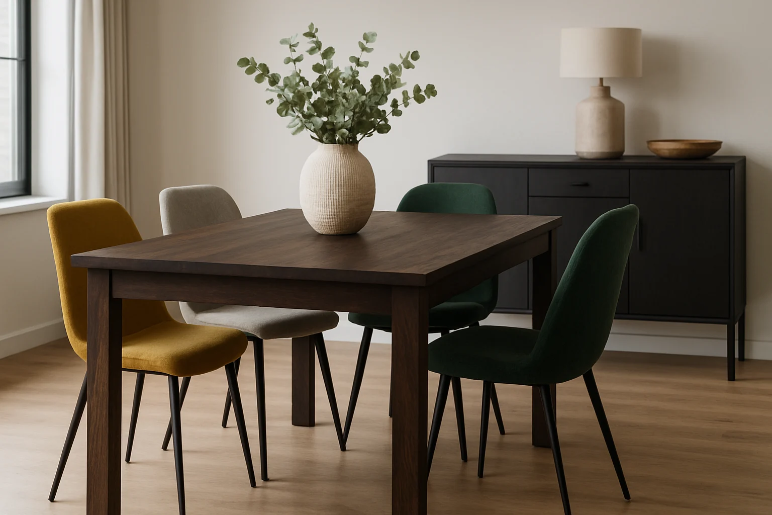 Een moderne eetkamer die antwoord geeft op de vraag "Welke kleur stoelen bij een donkere houten tafel": vier kleurrijke stoelen - geel, beige en twee tinten groen - omringen een donkere houten tafel, geaccentueerd door groen in een witte vaas en een strak zwart dressoir.