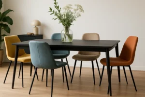 Een moderne eetkamer met een zwarte tafel - perfect als je je afvraagt "Welke kleur stoelen bij een zwarte eettafel?"- heeft zes kleurrijke stoelen, een glazen vaas met groene planten en witte bloemen, plus een lamp en kast op lichthouten vloeren.