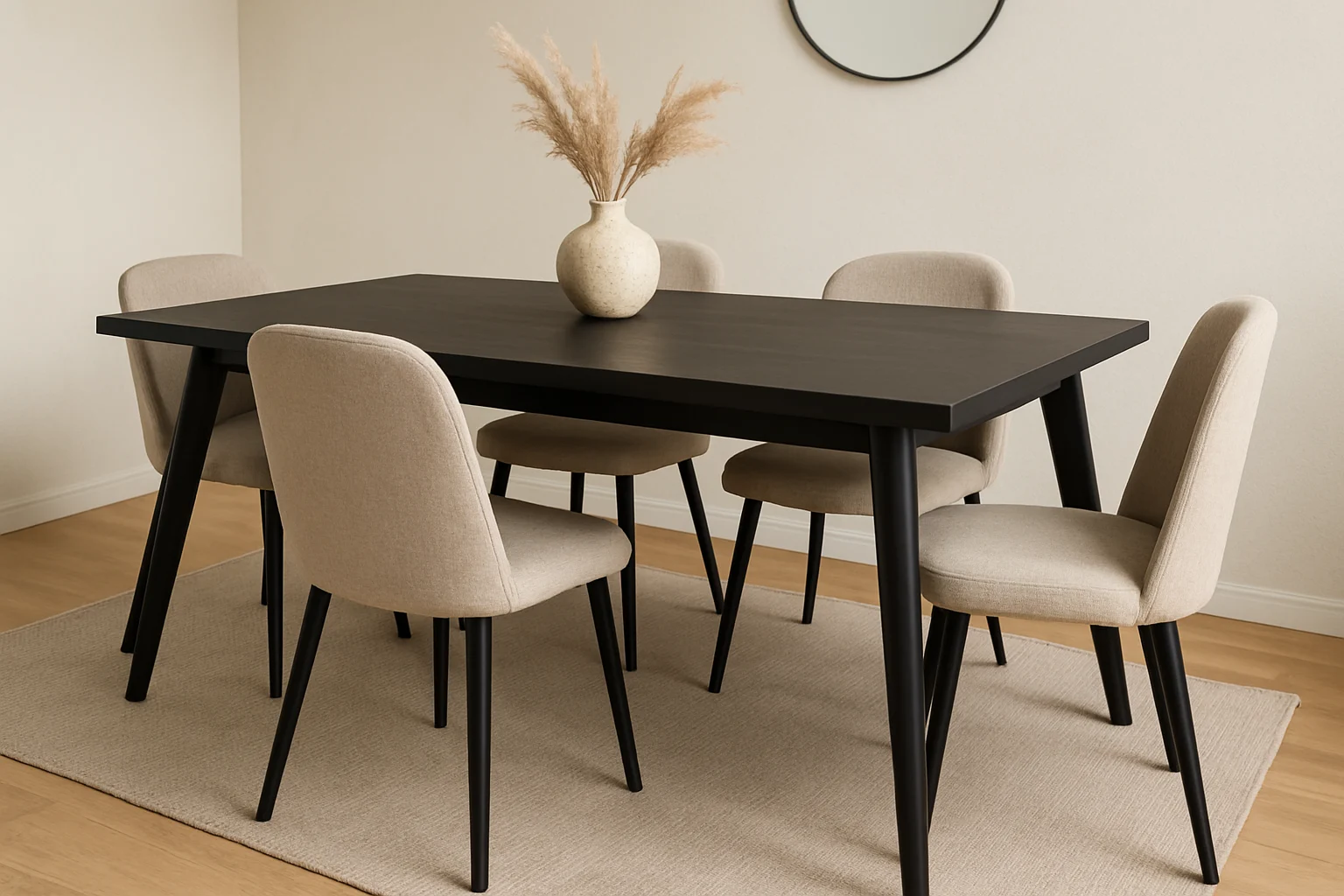 Een moderne eetkamer toont een zwarte rechthoekige tafel met vier beige gestoffeerde stoelen - een ideaal antwoord op de vraag "Welke kleur stoelen bij een zwarte tafel?". Een witte vaas met gedroogd pampagras en een ronde spiegel maken de serene, stijlvolle ruimte compleet.