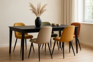 Een moderne eetkamer met een zwarte tafel is perfect gestyled als antwoord op de vraag "welke kleur stoelen bij zwarte eettafel"-vier kleurrijke stoelen (geel, beige, groen, oranje) omringen de tafel, aangevuld met een zwarte vaas met pampagras en zonovergoten witte gordijnen.