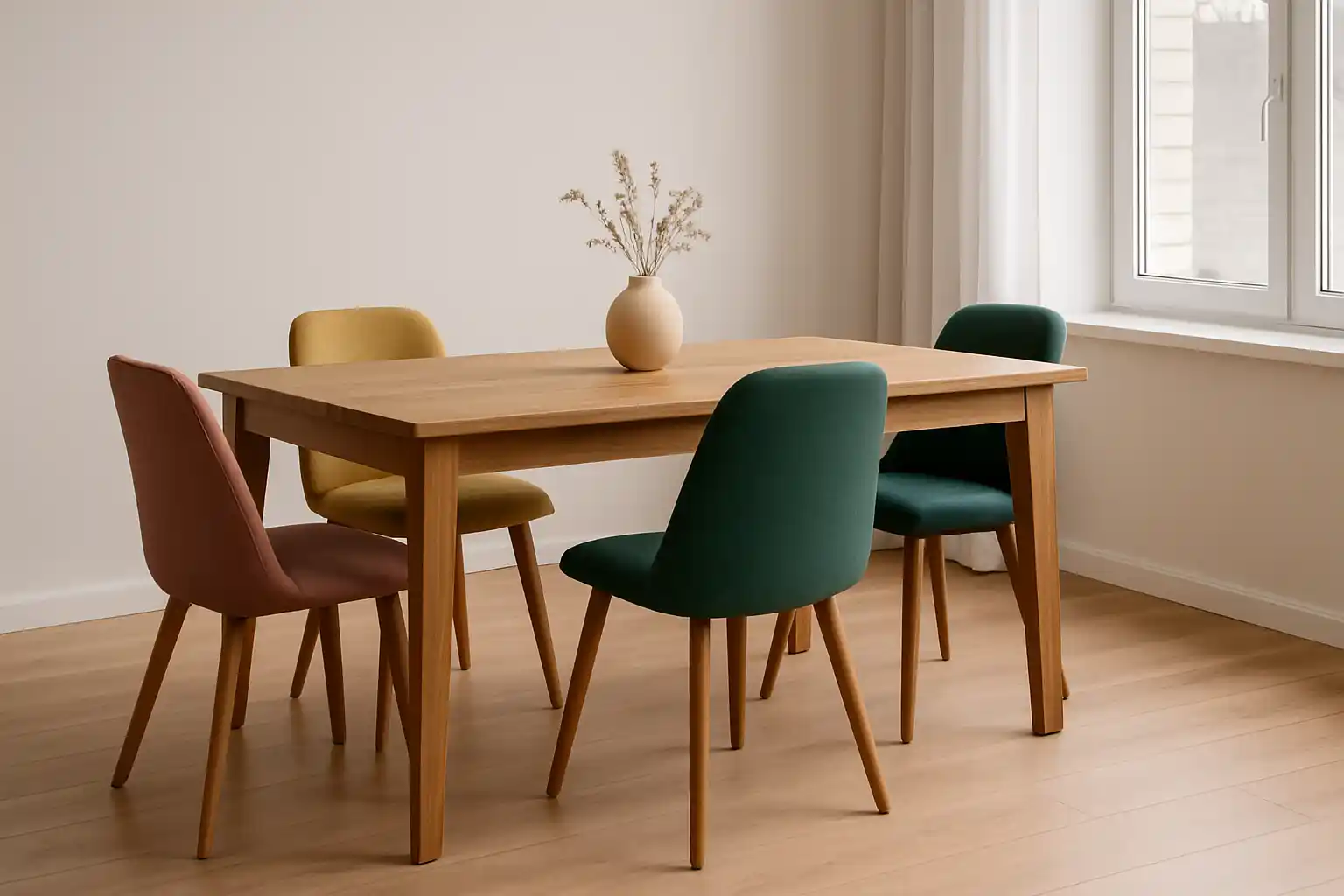 Een houten eettafel met een beige vaas met gedroogde bloemen wordt omringd door vier stoelen in geel, groen, groenblauw en roze - een inspirerend antwoord op "Welke kleur stoelen passen?"- in een lichte, minimalistische kamer met houten vloeren en een raam.
