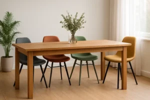 Een houten eettafel met een glazen vaas met groen wordt omringd door vier stoelen in grijs, oranje, groen en geel - perfect als je je afvraagt: "Welke kleuren stoelen passen goed?" Een potplant en een raam met witte gordijnen staan op de achtergrond.