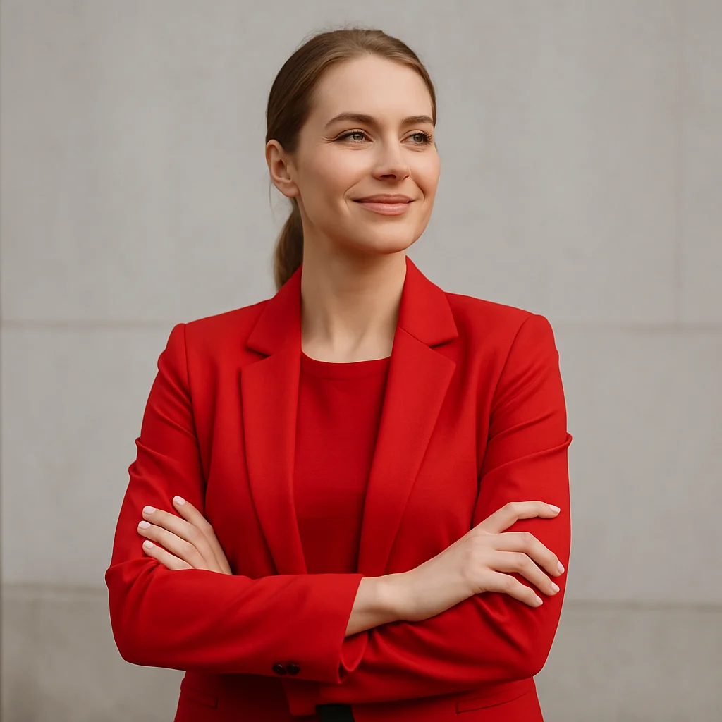 Een zelfverzekerde vrouw met een rode blazer en een rood topje staat met gekruiste armen, glimlacht en kijkt opzij tegen een effen, lichtgekleurde achtergrond - een perfecte illustratie van welke kleur zelfvertrouwen uitstraalt.