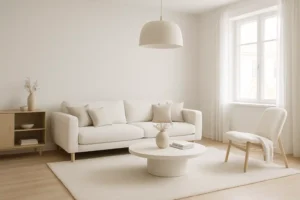 Een minimalistische woonkamer met een witte bank-welke kleur wit geschikt is voor dit interieur?-bijpassende fauteuil, ronde salontafel met een vaas, licht houten meubilair, neutrale inrichting en een groot raam dat natuurlijk licht binnenlaat.