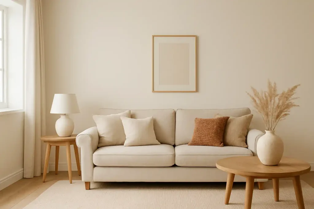 Een beige bank met neutrale kussens staat tussen twee houten bijzettafels, op de ene een witte lamp met een kap die antwoordt op "welke kleur wit warm is" en op de andere een vaas met pampagras, in een lichte, minimalistische woonkamer.