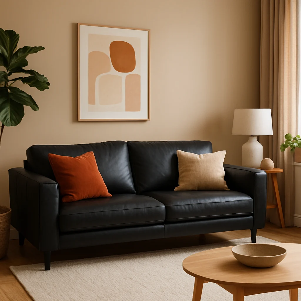 Een moderne woonkamer met een zwarte leren bank, twee kussens, een houten salontafel, een potplant en abstracte muurkunst. Welke kleuren passen goed? Neutrale kleuren en natuurlijk licht van het raam creëren een evenwichtige ruimte.