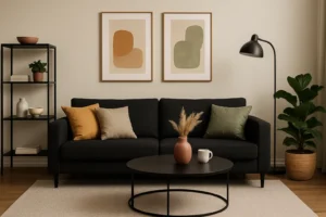 Een moderne woonkamer met een donkere bank, beige en groene kussens - perfect als je je afvraagt welke kleuren goed passen - plus een ronde zwarte salontafel, plant in pot, abstracte kunst, zwarte staande lamp en decoratieve rekken op de achtergrond.