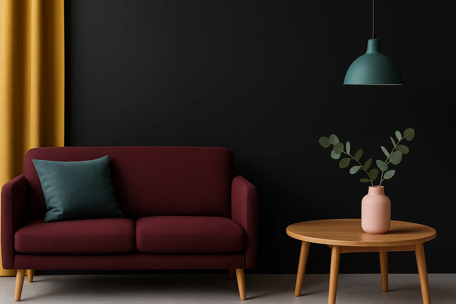 Een moderne woonkamer met een donkerrode bank, groenblauwe kussens, mosterdgele gordijnen en een matzwarte muur laat zien welke kleuren mooi zijn met zwart-accenten zoals de roze vaas en het groene gebladerte onder een donkergroene hanglamp.