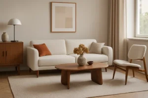 Minimalistische woonkamer met een witte bank, houten salontafel, crèmekleurige stoel en neutrale inrichting - perfect voor wie zich afvraagt "welke meubels zijn in de mode" dankzij de moderne kunstwerken en het licht dat door beige gordijnen naar binnen schijnt.
