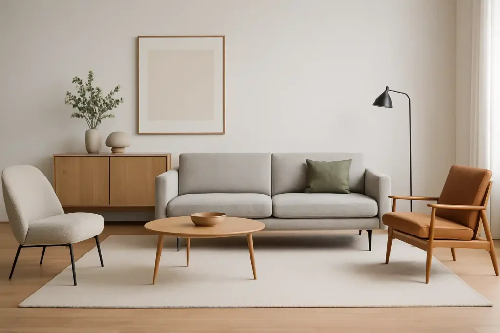 Een moderne woonkamer laat zien welke meubels modern zijn: een lichtgrijze bank, groen kussen, tan loungestoel, ronde houten salontafel en beige accentstoel op een licht vloerkleed. Een dressoir, planten en ingelijste kunst maken de neutraal gekleurde ruimte compleet.