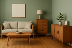Een minimalistische woonkamer met een lichtgrijze bank, houten salontafel en groene muren-een inspiratie voor wie zich afvraagt: welke muurkleur past goed bij licht hout en neutrale meubels? Lichte houten vloeren en groen maken de rustige sfeer compleet.
