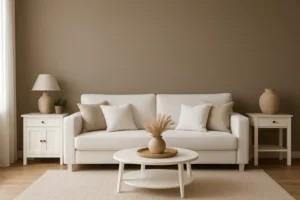 Een minimalistische woonkamer met een witte bank, beige en witte kussens, bijzettafeltjes met lampen en vazen, een ronde salontafel met gedroogde grassen in een vaas en een neutraal kleurenpalet-ontdek welke muurkleur het beste past bij deze serene sfeer.