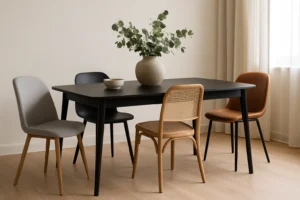 Een moderne eetkamer met een zwarte rechthoekige tafel, perfect voor wie zich afvraagt "welke stoelen bij een zwarte eettafel": hier geven vier bij elkaar passende stoelen karakter. Een grote beige vaas met groene bladeren staat op een lichthouten vloer en crèmekleurige gordijnen.