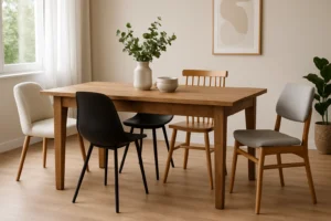 Een houten eettafel met een vaas van groen en een schaal, omringd door vier stoelen die niet bij elkaar passen - een voorbeeld van welke stoelen bij welke tafel zorgen voor een eclectische maar harmonieuze look in een lichte kamer met houten vloeren, planten en abstracte kunst.