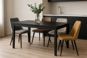 Een moderne eethoek met een zwarte tafel, vier kleurrijke stoelen (grijs, bruin, beige en geel) - perfecte inspiratie als je je afvraagt welke stoelen passen bij een zwarte keukentafel. Een licht houten vloer en donkere keukenkastjes maken de look compleet.