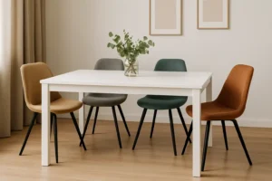 Een witte tafel met een vaas van groene bladeren wordt omringd door vier stoelen - beige, grijs, groen en bruin - die laten zien welke stoelen goed passen in een moderne, minimale eetkamer met lichthouten vloeren en twee ingelijste muurkunstwerken.