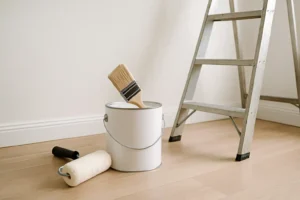 Een verfblik met een kwast erin en een verfroller ernaast staan op een houten vloer bij een witte muur en een zilveren ladder, wat duidt op een schilder- of renovatieproject - perfect om te testen welke witte verf niet geel wordt.