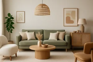Een gezellige woonkamer met een groene bank, neutrale kussens en een ronde houten salontafel weerspiegelt welke woonstijl er op dit moment is: minimalistisch en aards, met moderne kunst, beige stoelen, een potplant en een geweven hanglamp.