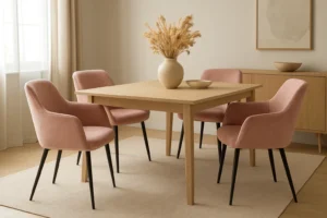 Een moderne eetkamer met een lichte houten tafel, vier zachtroze eetkamerstoelen, een beige vloerkleed en een vaas met gedroogd pampagras als middelpunt. Zonlicht stroomt naar binnen door een raam met transparante gordijnen.