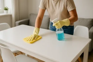 Een persoon met gele rubberen handschoenen maakt een witte tafel schoon met een gele doek en blauwe spray in een lichte woonkamer, om te laten zien dat zijn witte eettafels moeilijk schoon te houden zijn zonder de juiste schoonmaaktechniek.